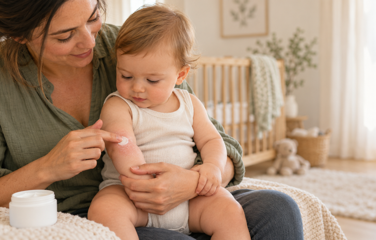 A parent gently applies moisturizer to a baby's mildly dry, pink forearm in a sunlit nursery.