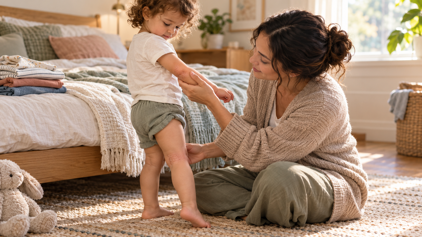 A parent checks mild dry patches at a toddler's inner elbow and behind the knee while helping the child get dressed.