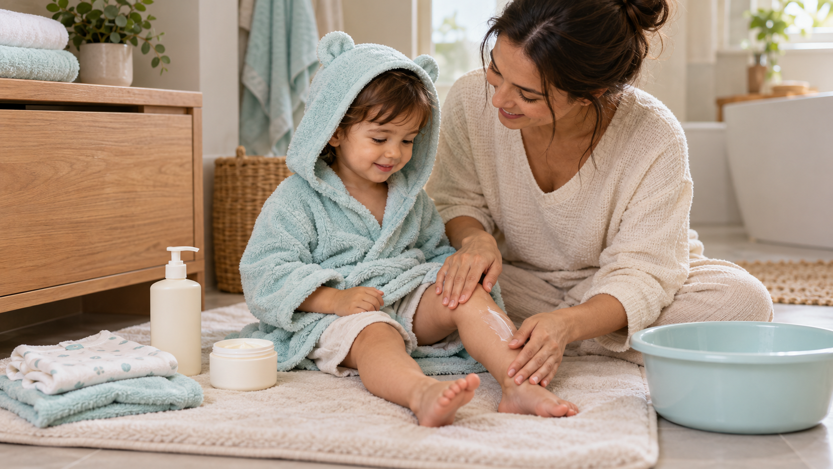 A caregiver applies moisturizer to a towel-wrapped toddler's leg after a bath, with cotton pajamas nearby.