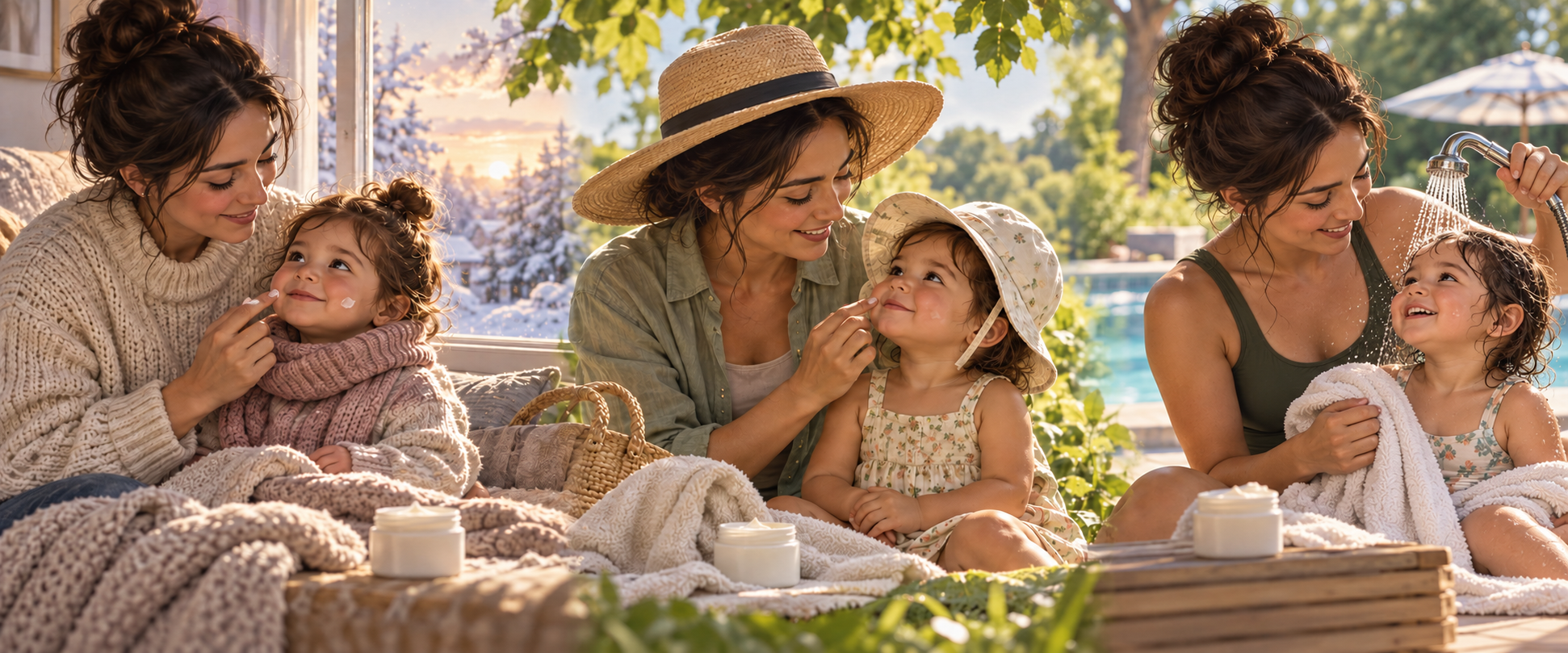 A caregiver and toddler are shown in connected winter, summer, and after-swimming scenes while following gentle skin-care habits.