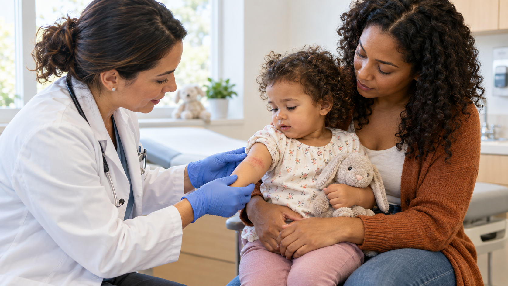 A pediatric clinician examines an irritated patch on a toddler's arm while the child sits on a parent's lap.