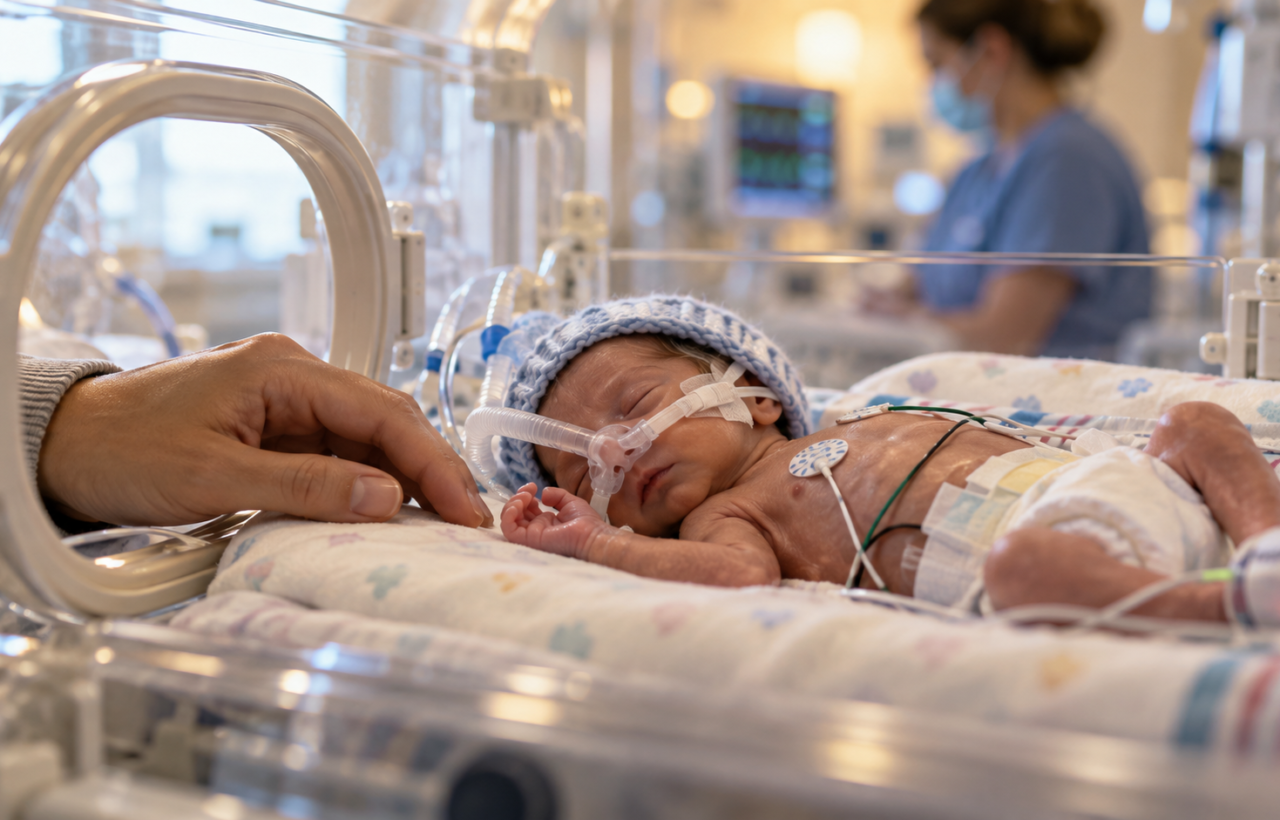 An extremely premature newborn receives breathing and monitoring support in a neonatal intensive care incubator while a parent reaches in with a gentle hand.
