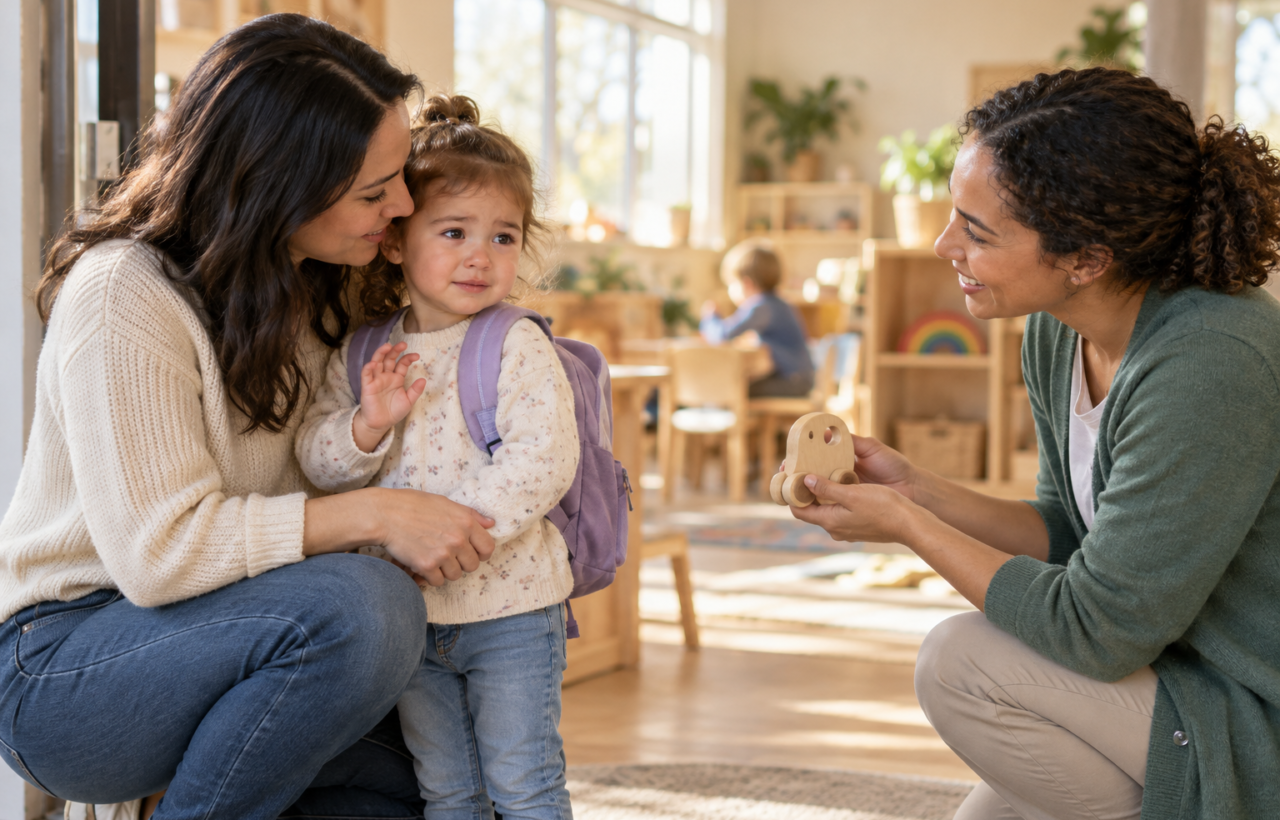 A parent gives a tearful toddler a brief goodbye hug at daycare while a caregiver kneels nearby to offer comfort.
