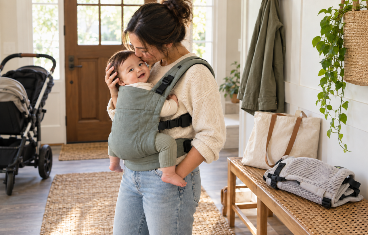 Parent wearing a baby in a soft structured front carrier beside a folded carrier and everyday family gear in a bright entryway.