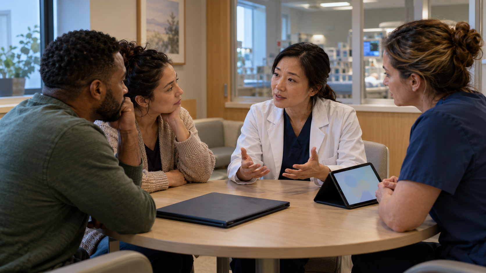 Parents speak with neonatal and obstetric clinicians during a private hospital consultation about their baby's condition and care.