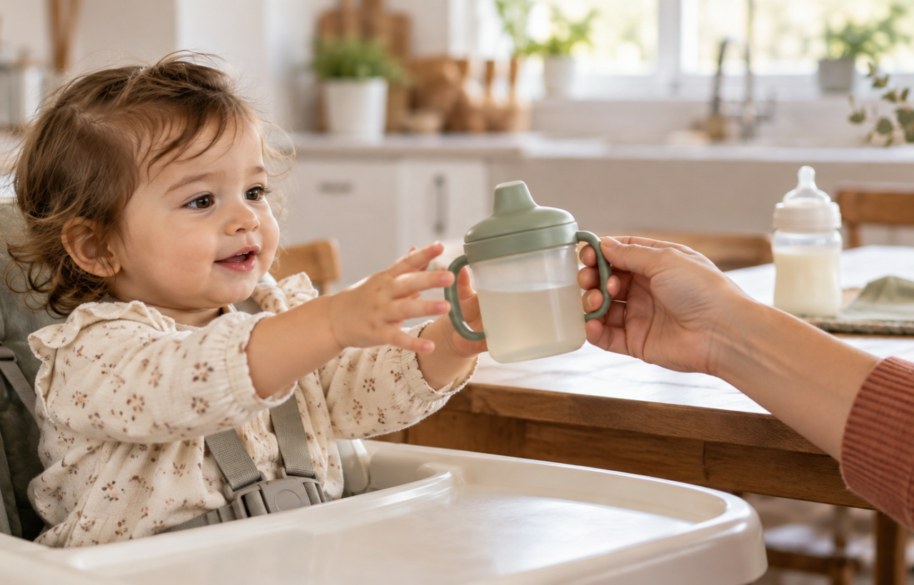 A caregiver offers a two-handled sippy cup to a toddler seated in a high chair, with a baby bottle resting farther back on the table.