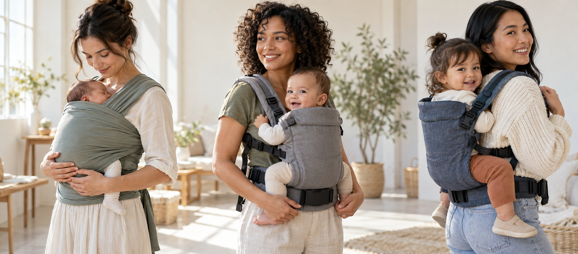 Three caregivers demonstrate differently sized soft baby carriers with an infant, an older baby, and a toddler.