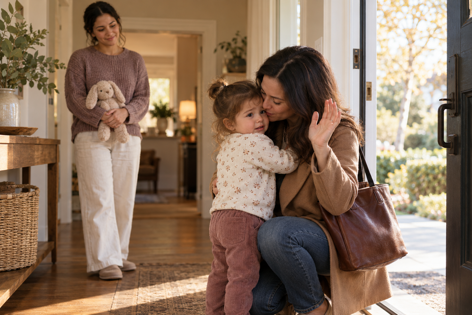 A parent kneels for a brief hug and wave with a toddler while a babysitter waits calmly inside the home.