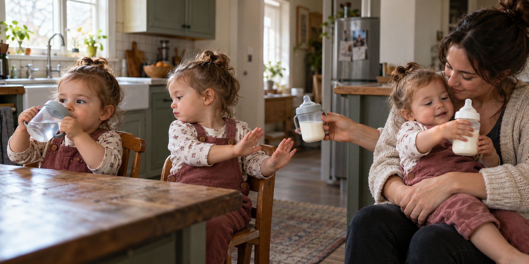 Three moments show a toddler drinking water from a cup, turning away from milk in the same type of cup, and reaching for a bottle during a cuddle.
