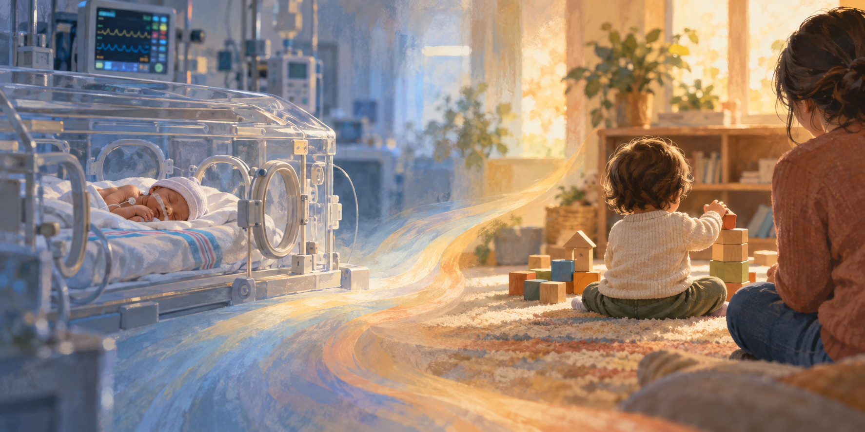 An illustration pairs a premature baby receiving NICU care with a young child playing during a developmental visit, connected by a softly lit path.