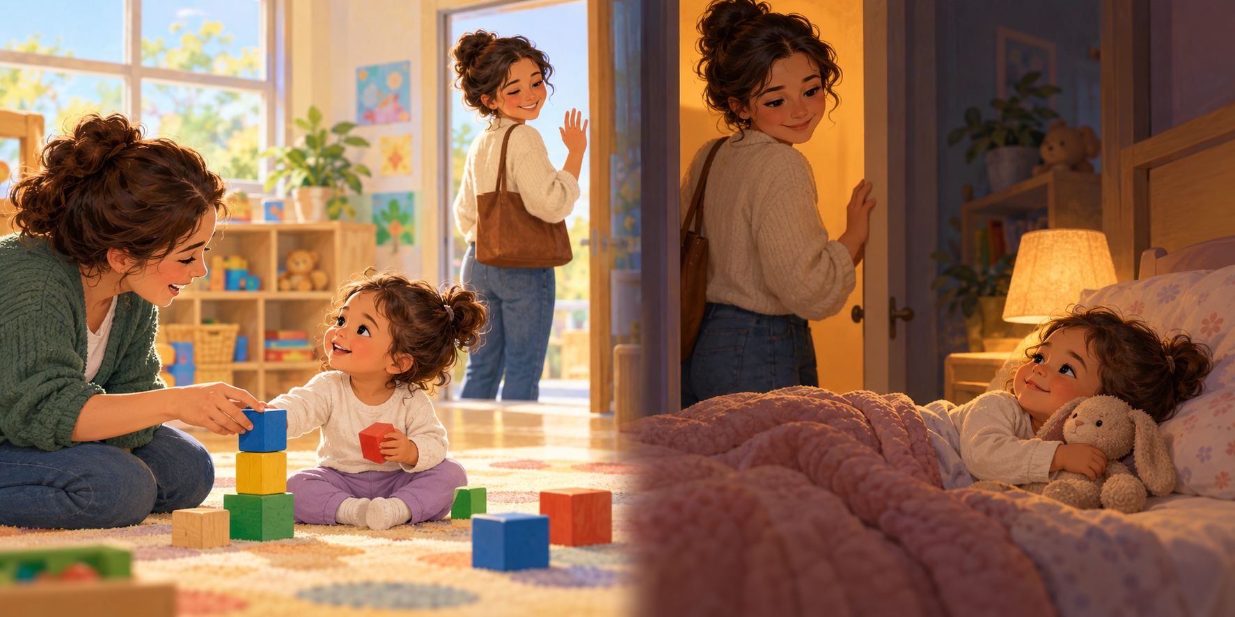 Two illustrated scenes show a toddler saying goodbye at childcare and settling with a stuffed animal at bedtime.