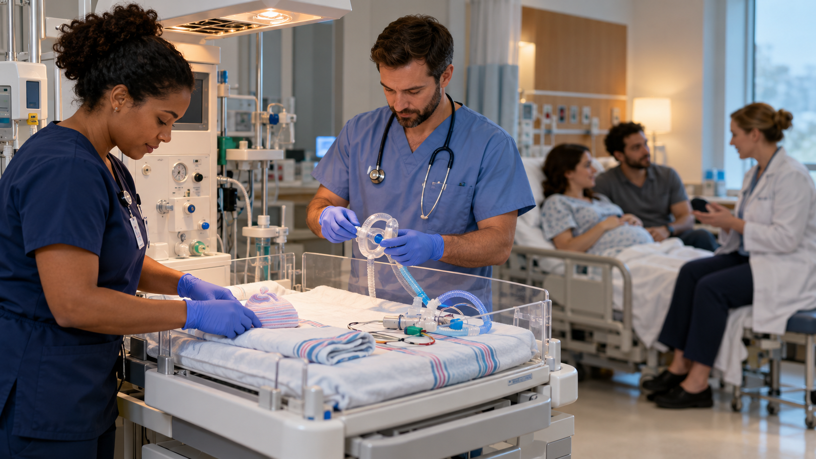 A neonatal team prepares a warmed infant care station while an obstetric clinician speaks with an expectant parent and support person.