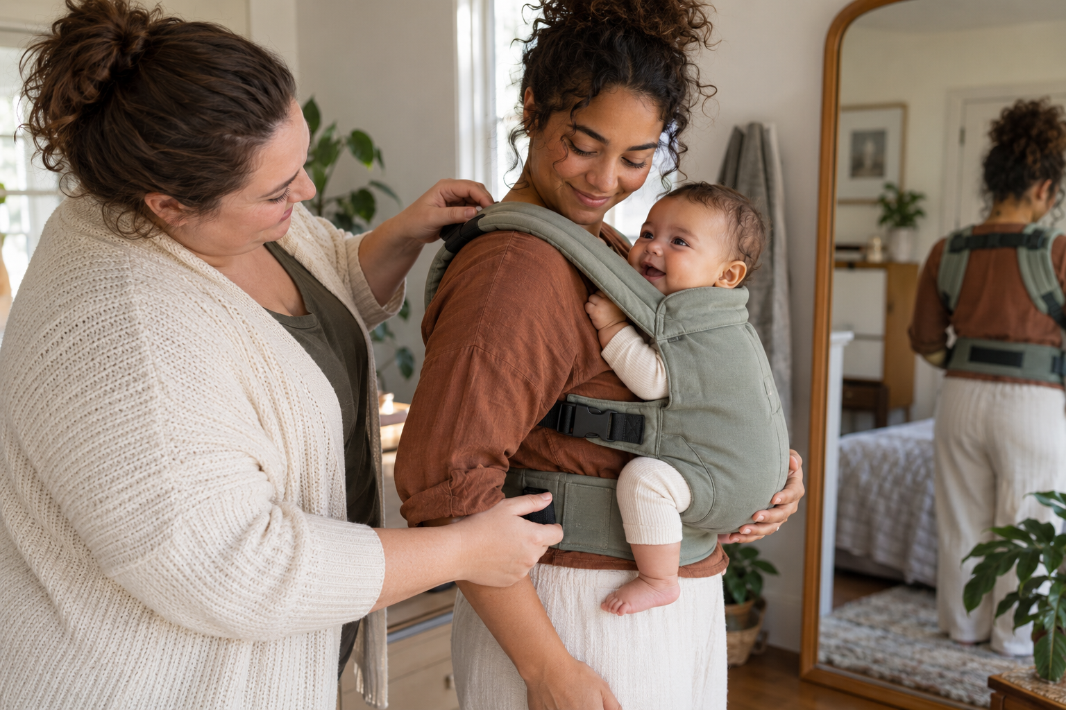 Two caregivers assess the shoulder straps and waist belt of a soft baby carrier while a baby sits upright and supported.