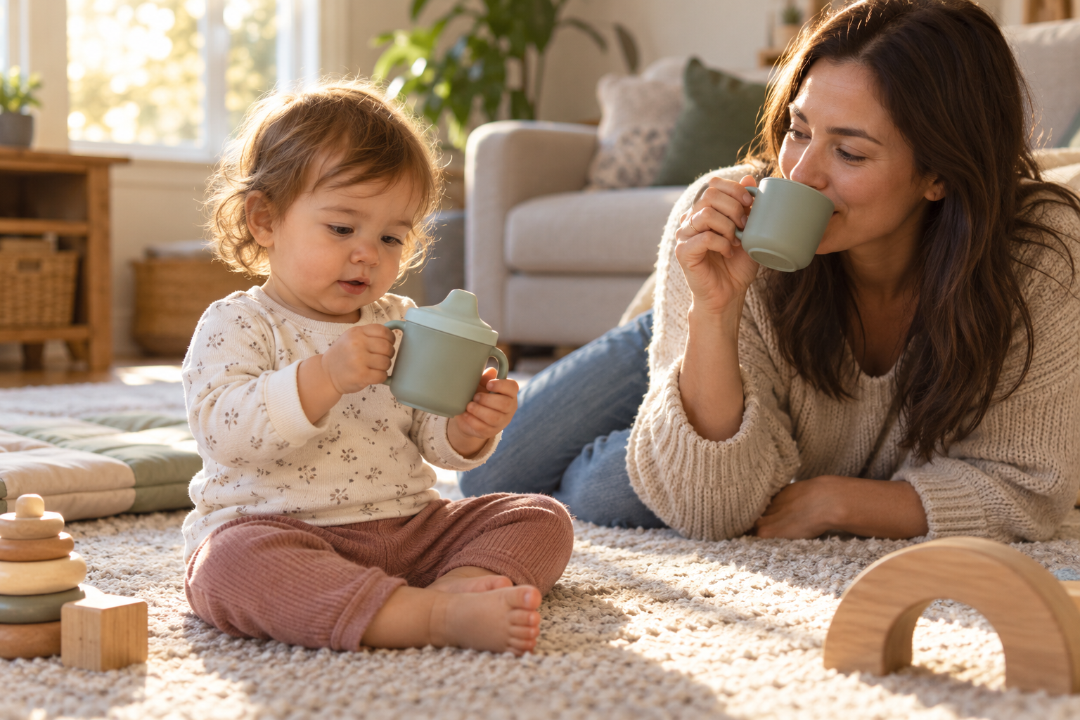 A toddler explores a sippy cup during floor play while a nearby caregiver demonstrates drinking from another cup.