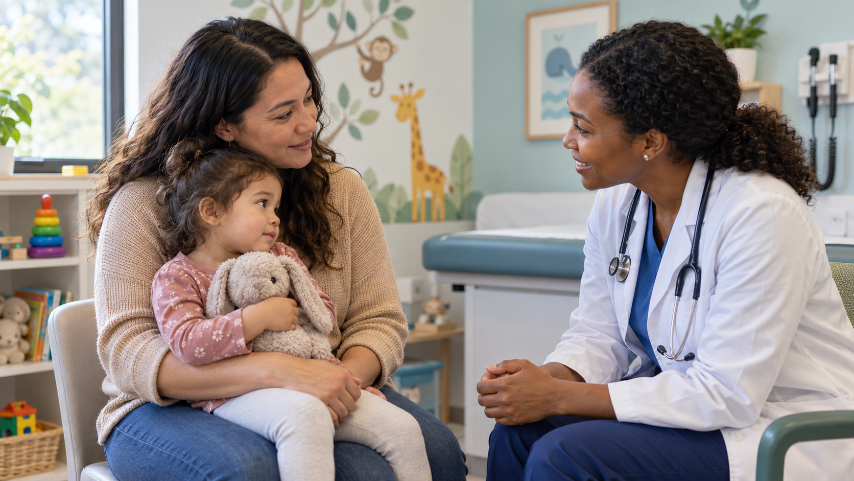 A parent holds a toddler with a stuffed animal while talking with a pediatric clinician in a child-friendly exam room.