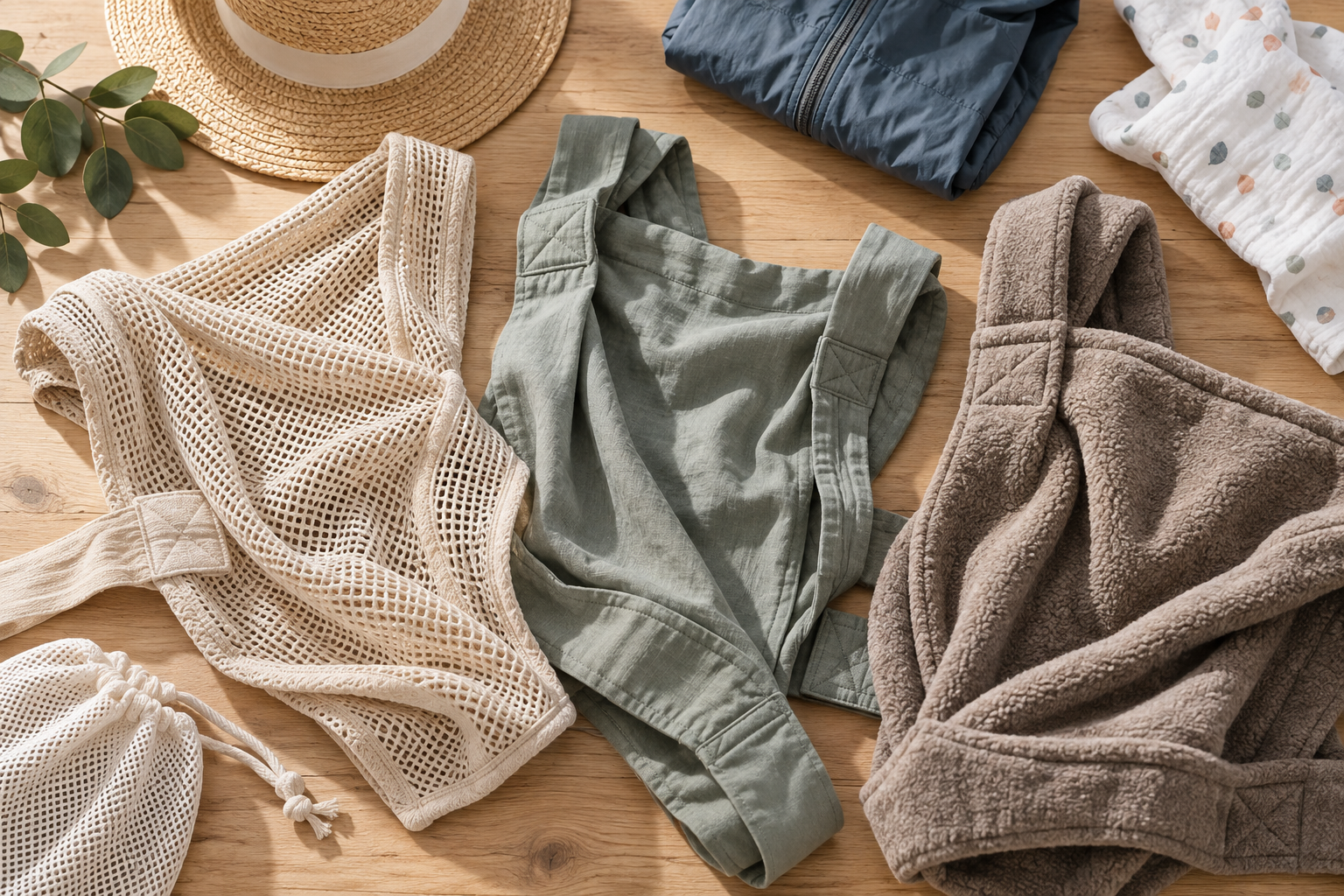 Three baby-carrier fabrics with different textures are arranged beside a sun hat, rain shell, burp cloth, and laundry bag.