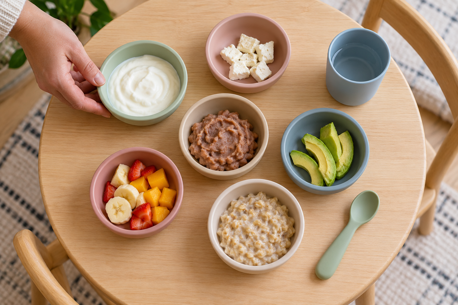 A toddler-sized table holds yogurt, cheese, beans, avocado, fruit, oatmeal, and a cup of water in child-safe dishes.