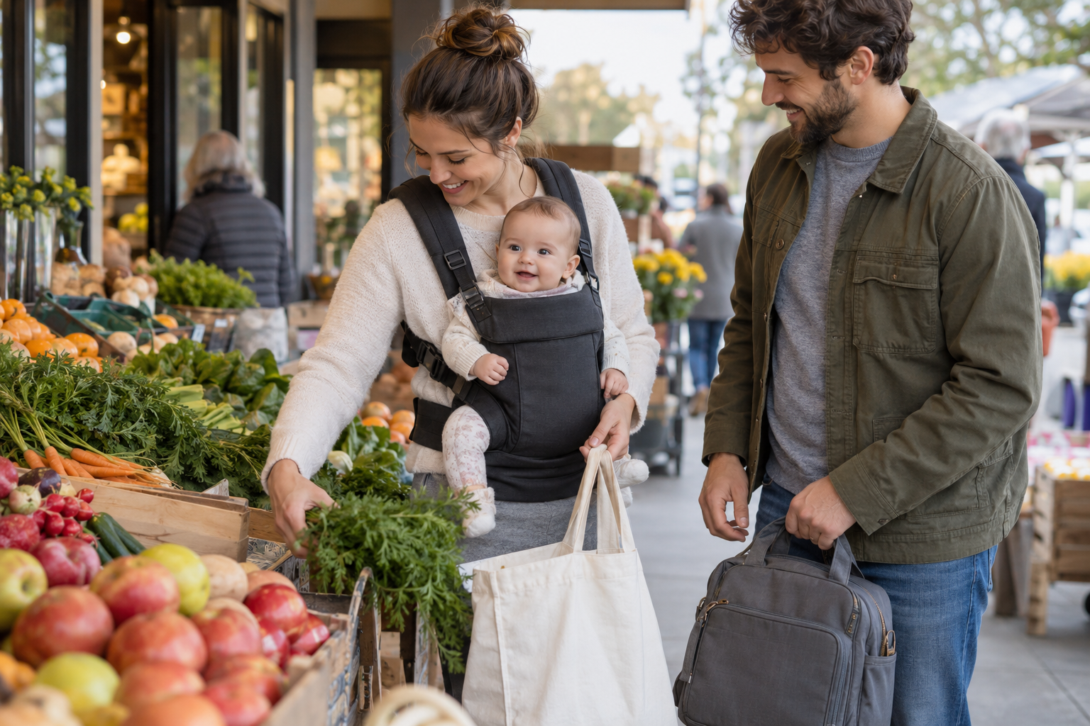 Caregiver wearing a baby in a soft structured carrier handles groceries during an ordinary neighborhood errand.