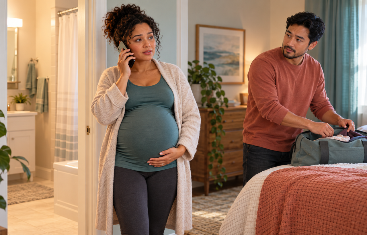 Pregnant person calls a maternity care professional after noticing unexpected dampness while a partner stands nearby with a hospital bag.