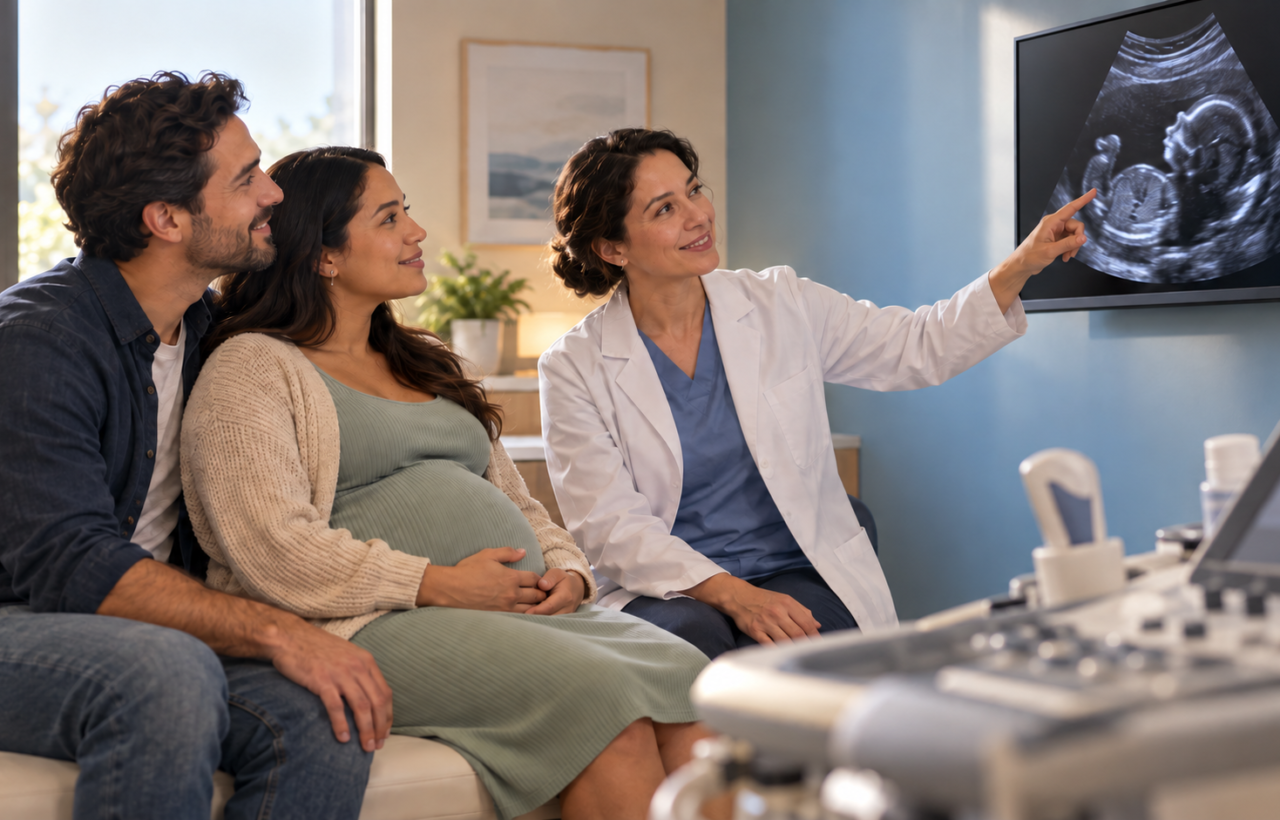 A pregnant patient and partner listen as a clinician reviews an ultrasound image on a monitor in a prenatal examination room.
