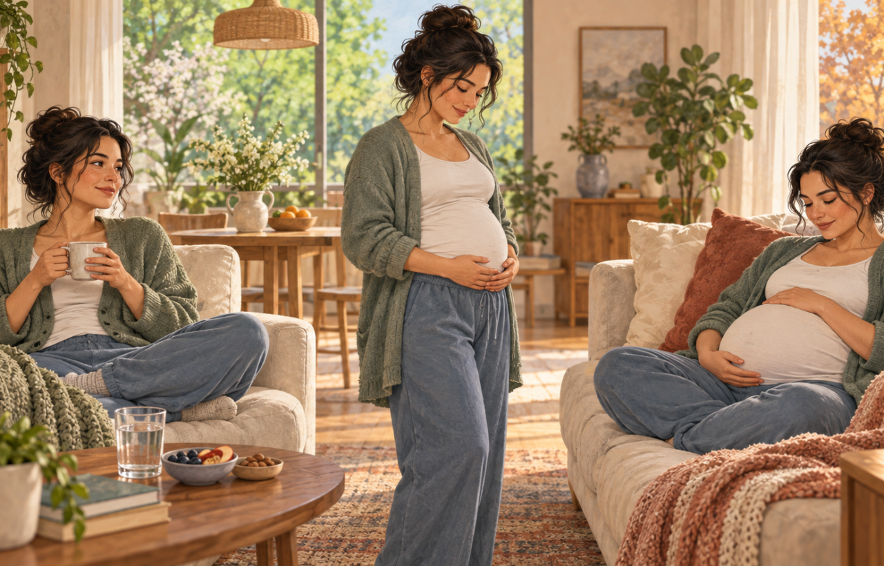 An illustrated pregnant adult shown resting, standing, and sitting at three stages of pregnancy in a calm home setting.