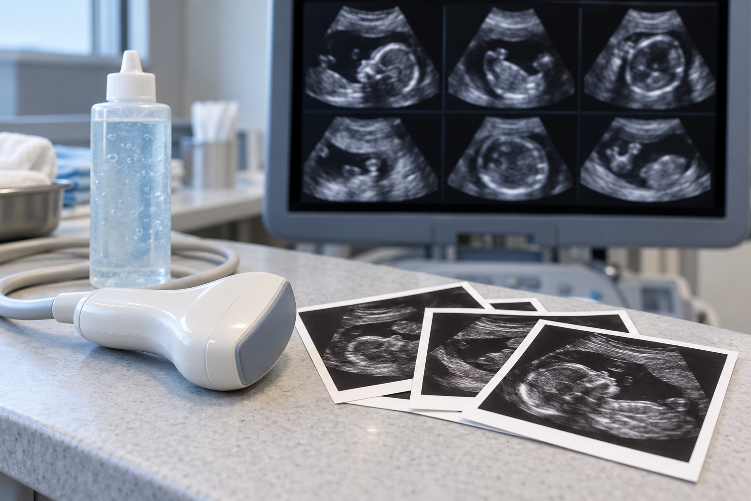 An ultrasound transducer and several unlabeled grayscale scan prints rest beside an ultrasound monitor in an examination room.