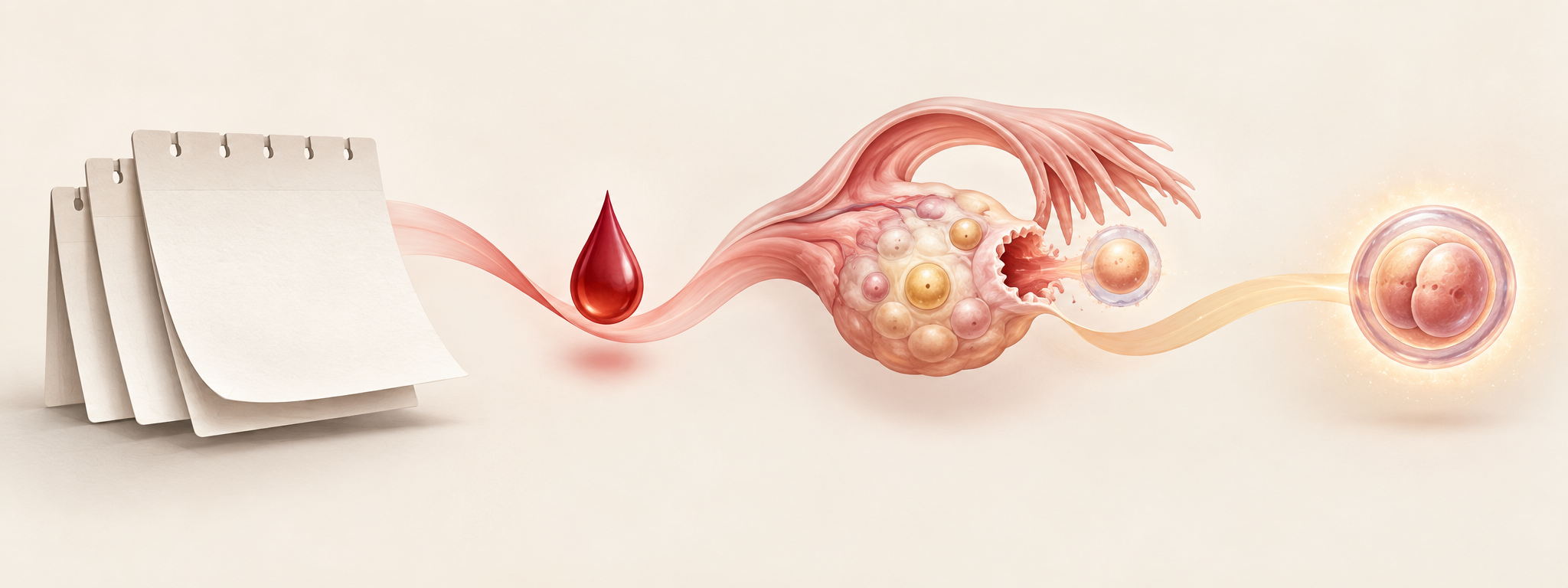 Blank calendar pages, a menstrual-cycle symbol, an ovary releasing an egg, and a fertilized cell arranged in sequence.