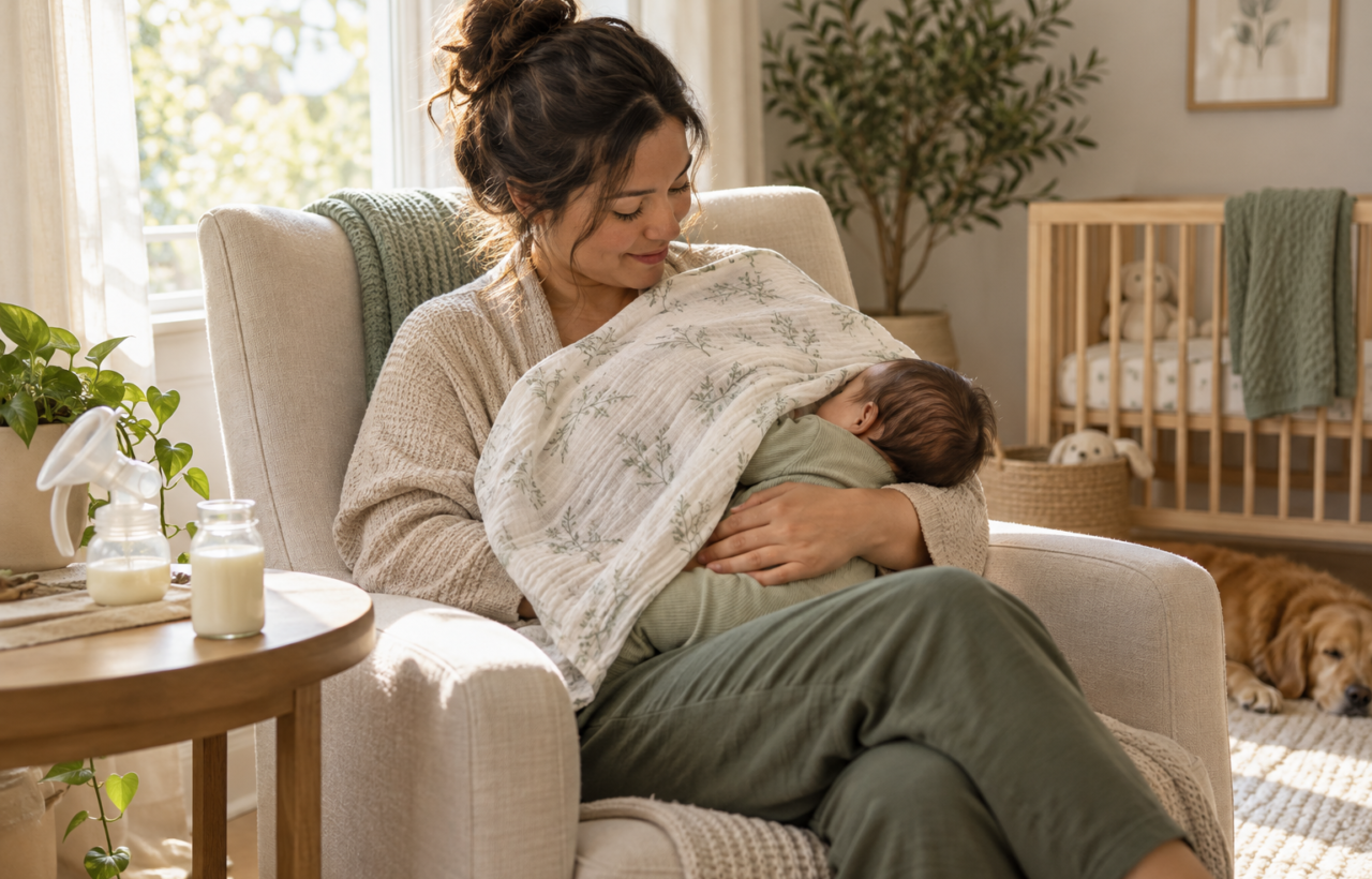 A parent breastfeeds an infant in a semi-reclined position while a manual breast pump and unmarked bottle rest on a nearby table.