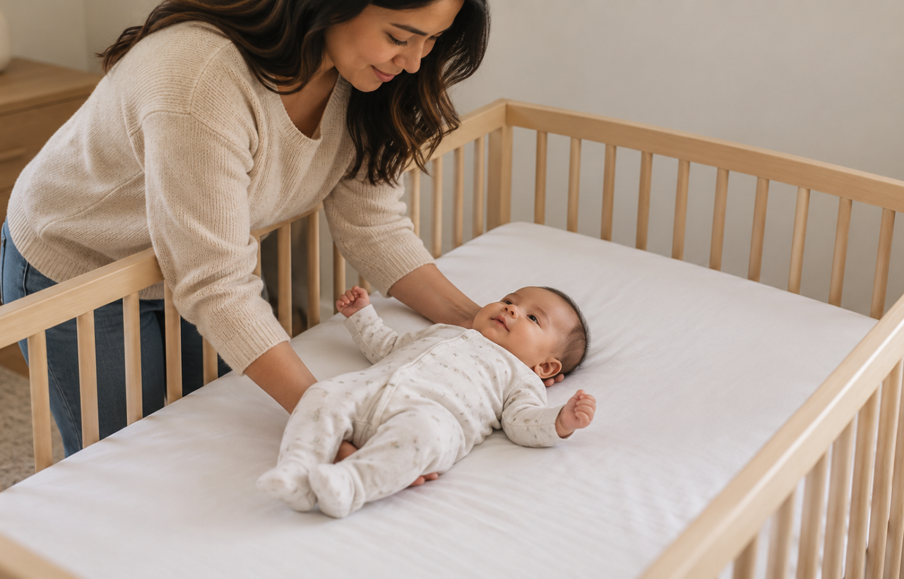 A caregiver places an infant on their back in a bare crib with a firm, flat mattress and fitted sheet.