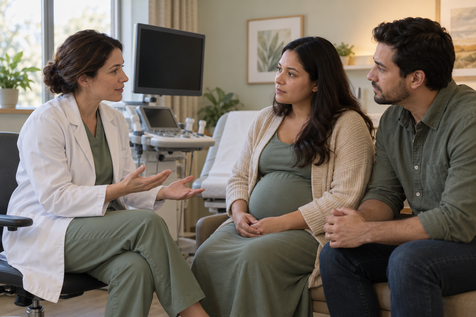 A clinician speaks with a pregnant patient and supportive companion in a quiet consultation room after an ultrasound.