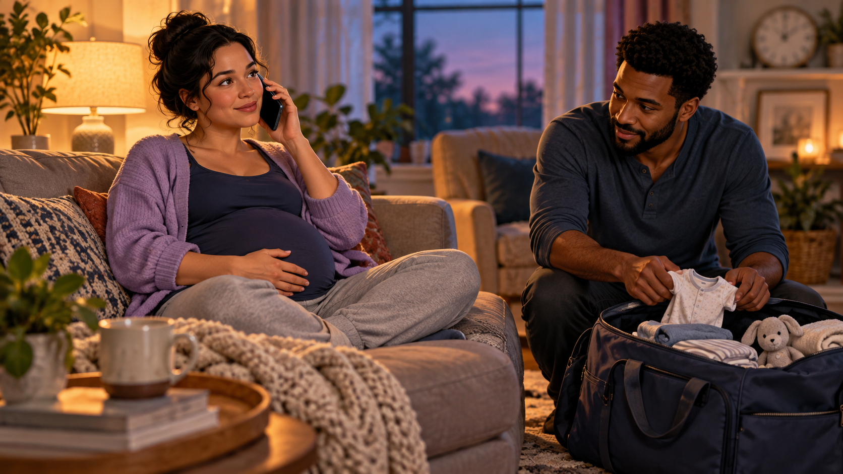 Pregnant person speaks with a maternity clinician by phone while a partner checks a packed bag and an out-of-focus clock sits in the background.
