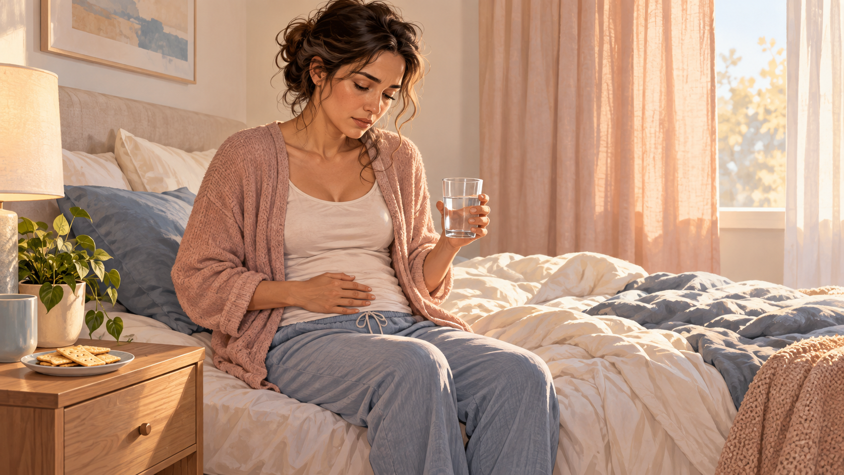 An adult in early pregnancy sits on a bed holding water, with crackers on a bedside table.