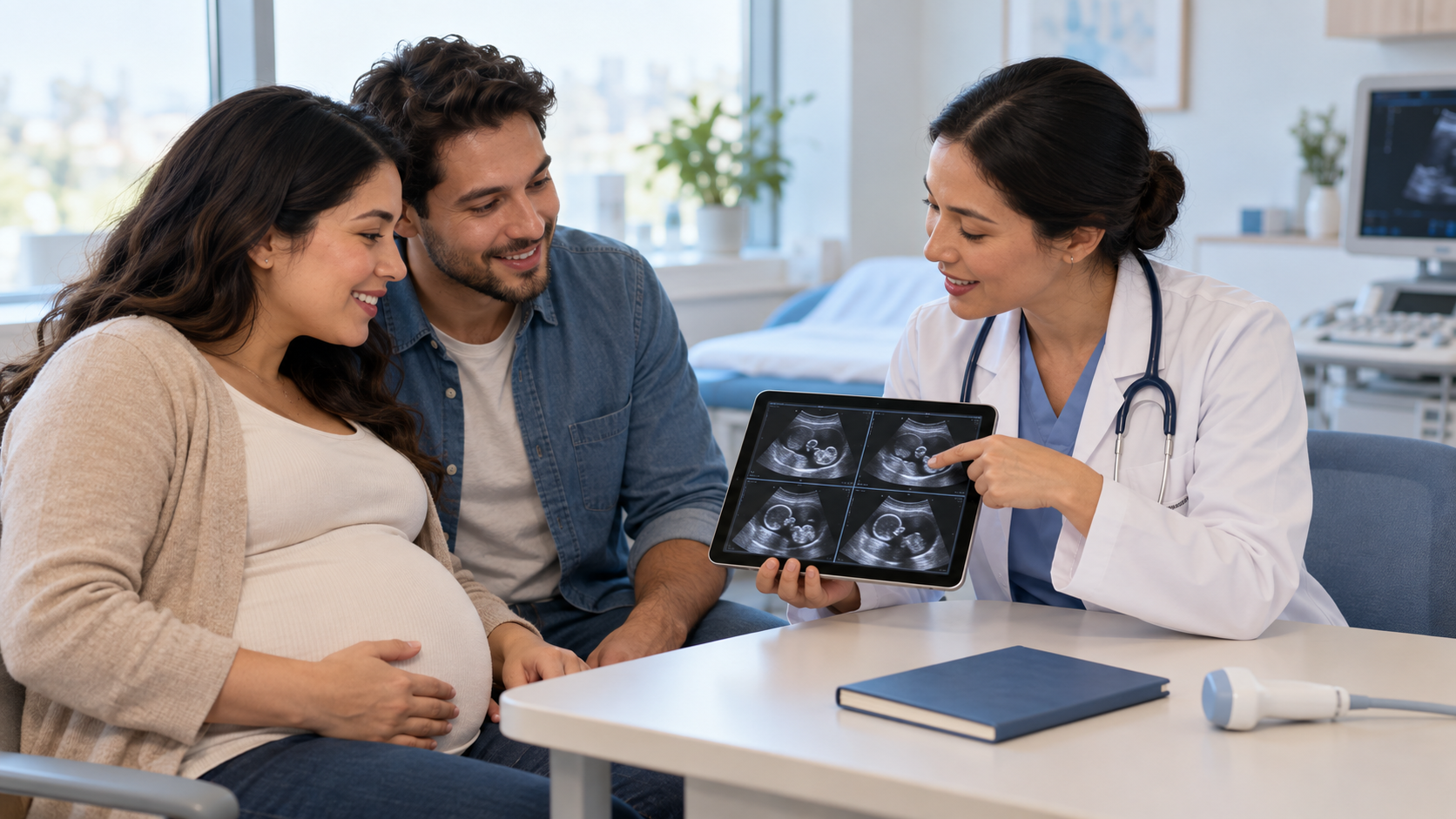 A pregnant patient and partner review several unlabeled ultrasound images on a tablet with an obstetric clinician.