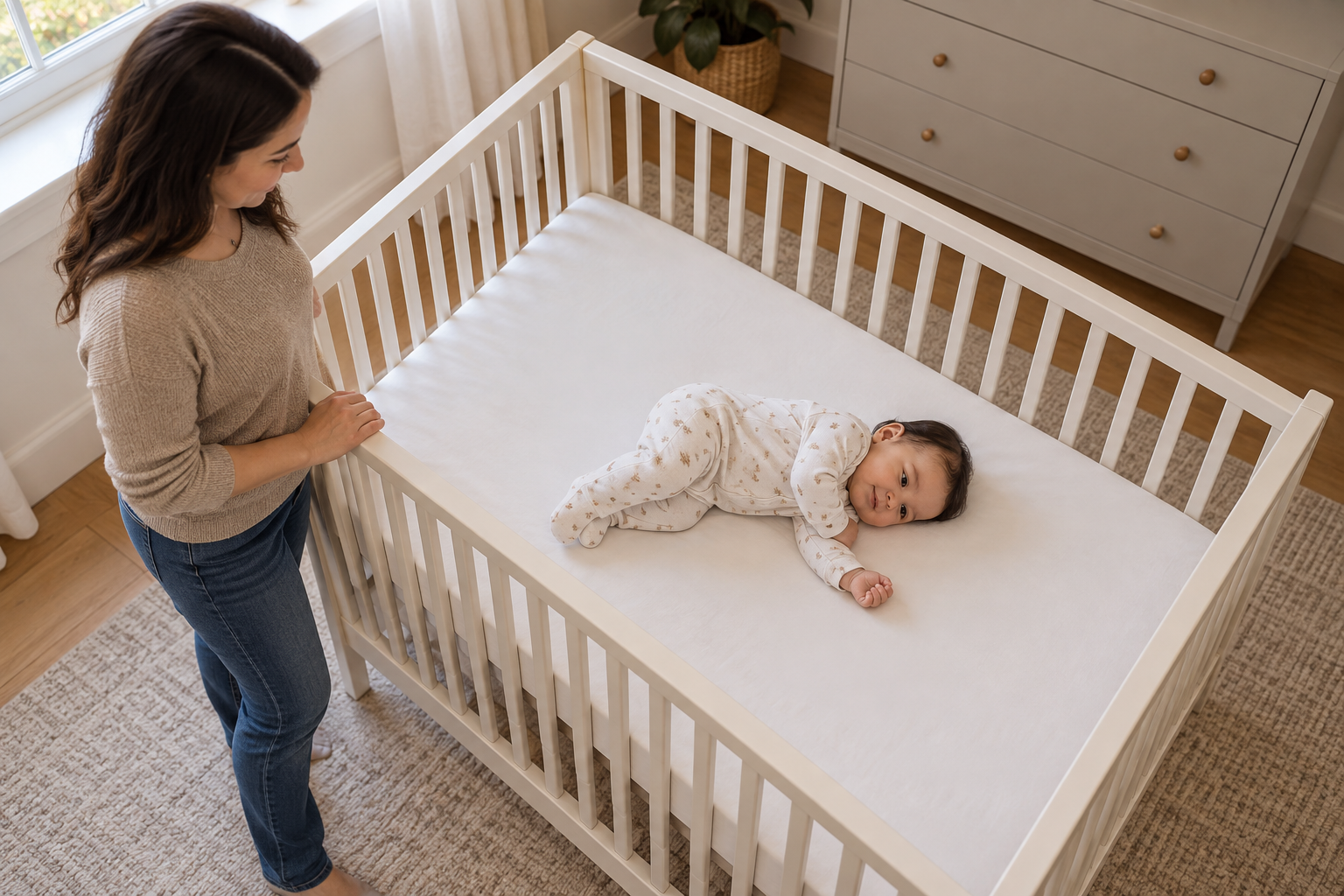 An older infant lies on their side after rolling in a bare crib while a caregiver watches nearby.