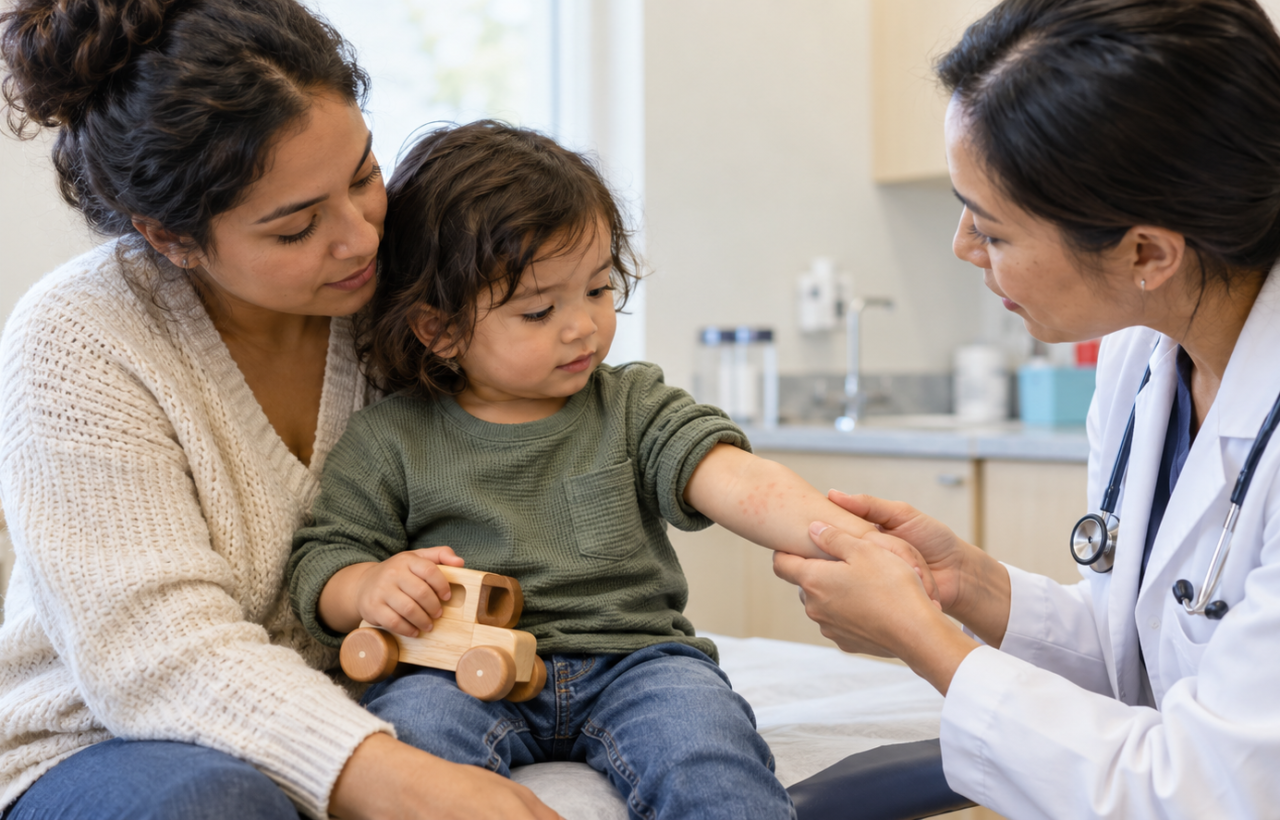 A pediatric clinician examines a small patch of pink spots on a calm toddler's forearm while the child's parent watches.