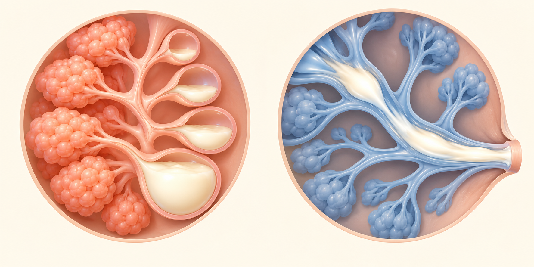 A medical illustration contrasts milk-producing glands filling gradually with milk moving rapidly through breast ducts.