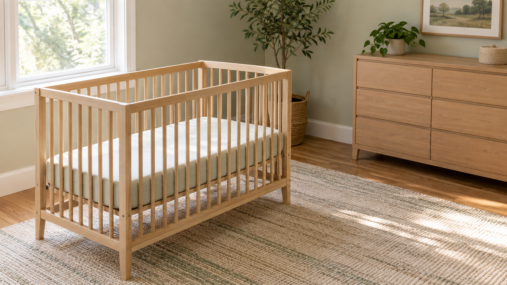 An empty crib prepared with a firm, flat mattress and fitted sheet, with no loose bedding, toys, or positioners.