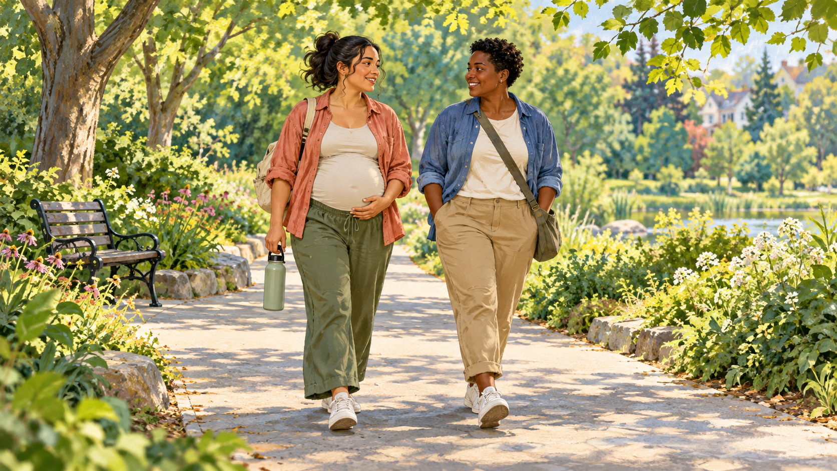 A visibly pregnant adult and a companion take a relaxed walk on a leafy park path.