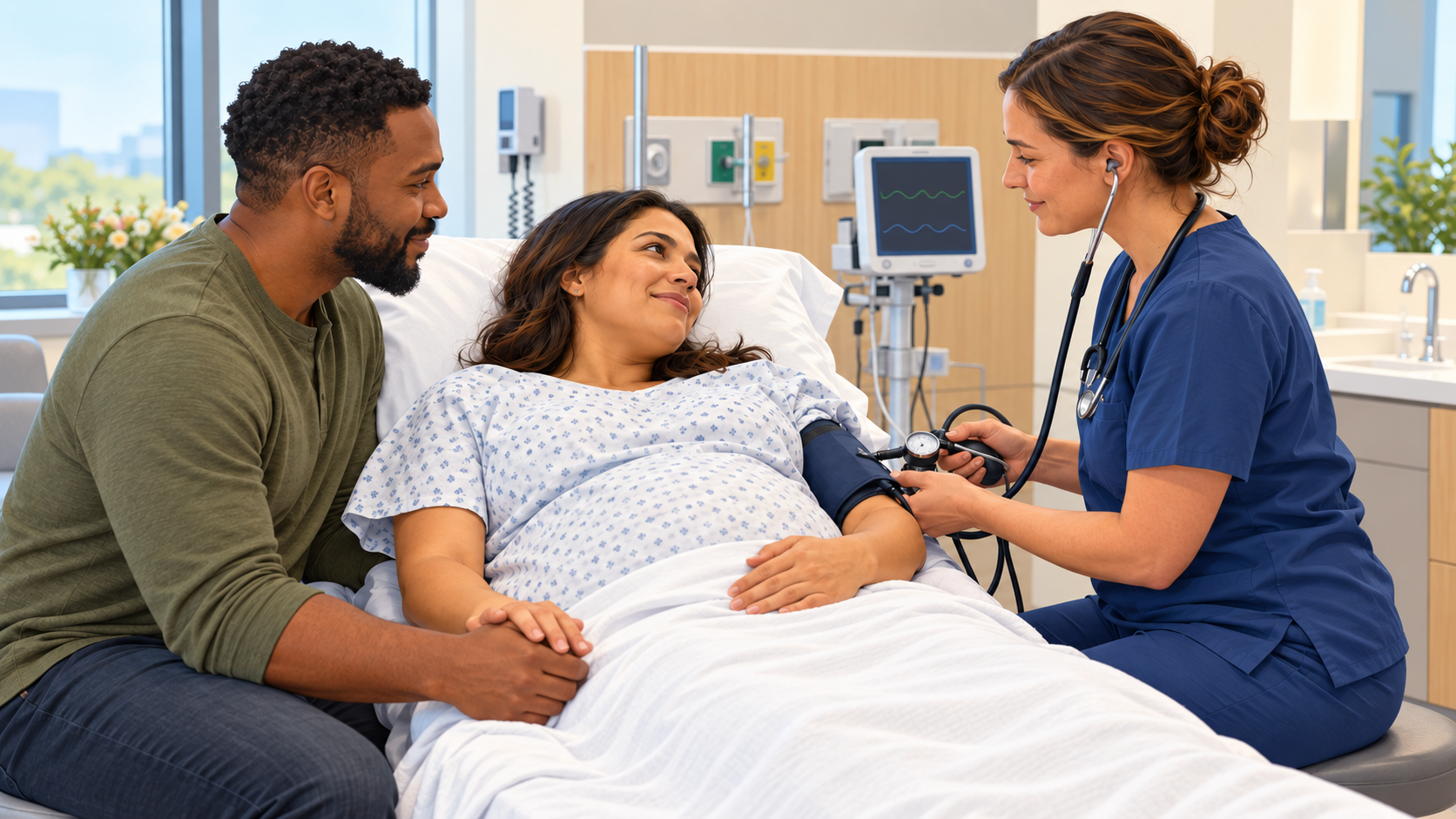 Pregnant patient receives a prompt assessment from a maternity clinician while a support person holds their hand.
