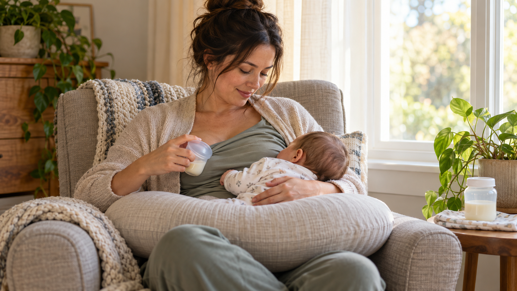 A seated parent nurses a supported infant while an unbranded milk collector and bottle sit nearby.