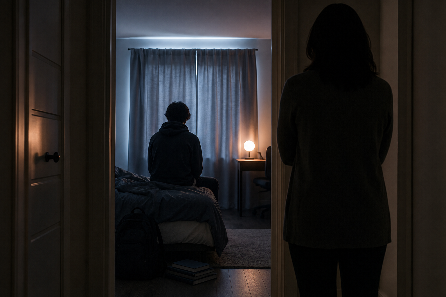 Tired teenager sitting on the edge of a bed in a dim morning bedroom while an alarm clock glows across the room.