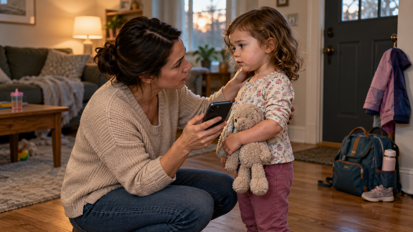 A parent checks an alert toddler's comfort and breathing at home while holding a phone ready to call for medical advice.