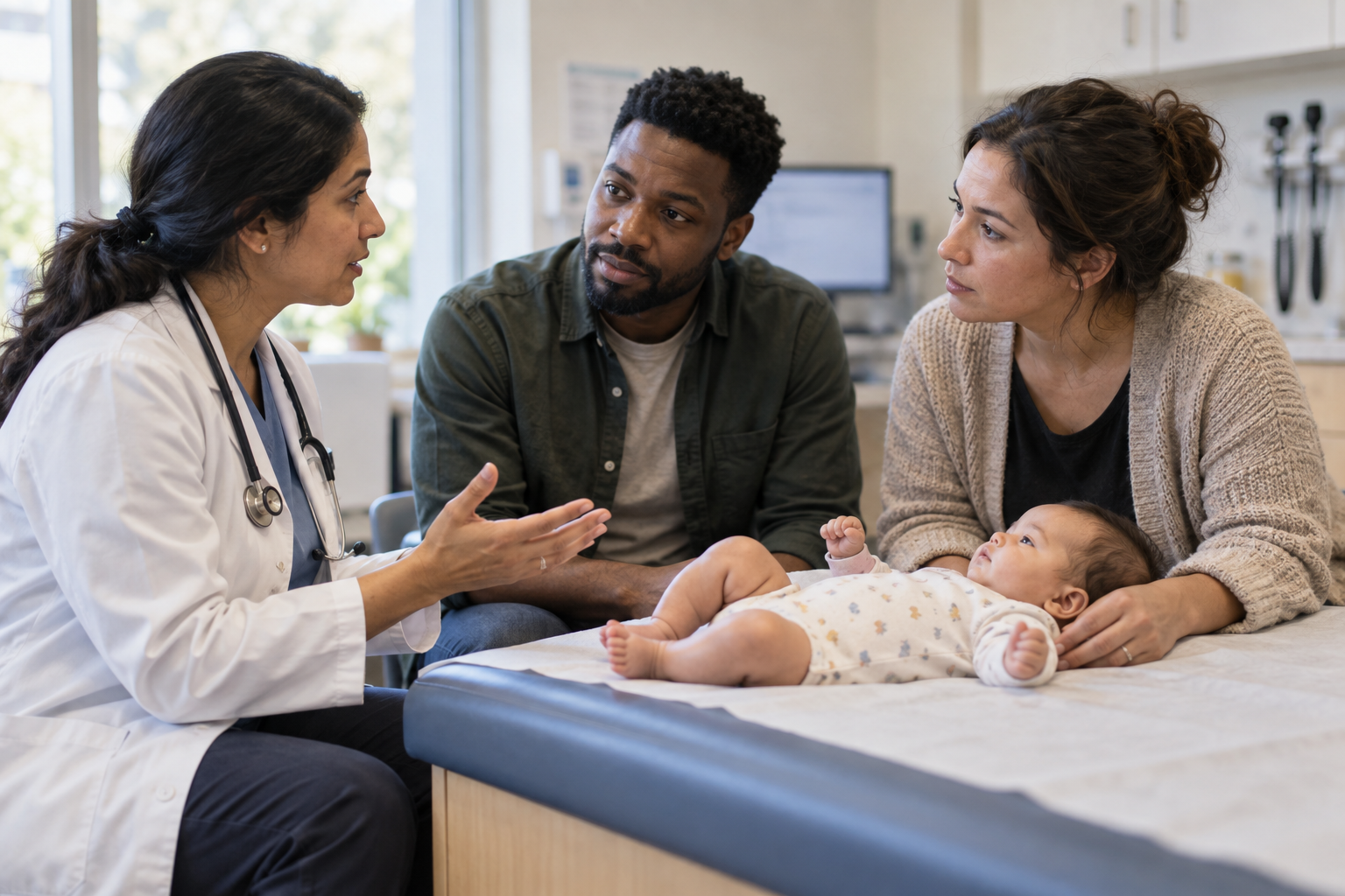 A pediatric clinician speaks with two caregivers while their infant lies supervised on an exam table.