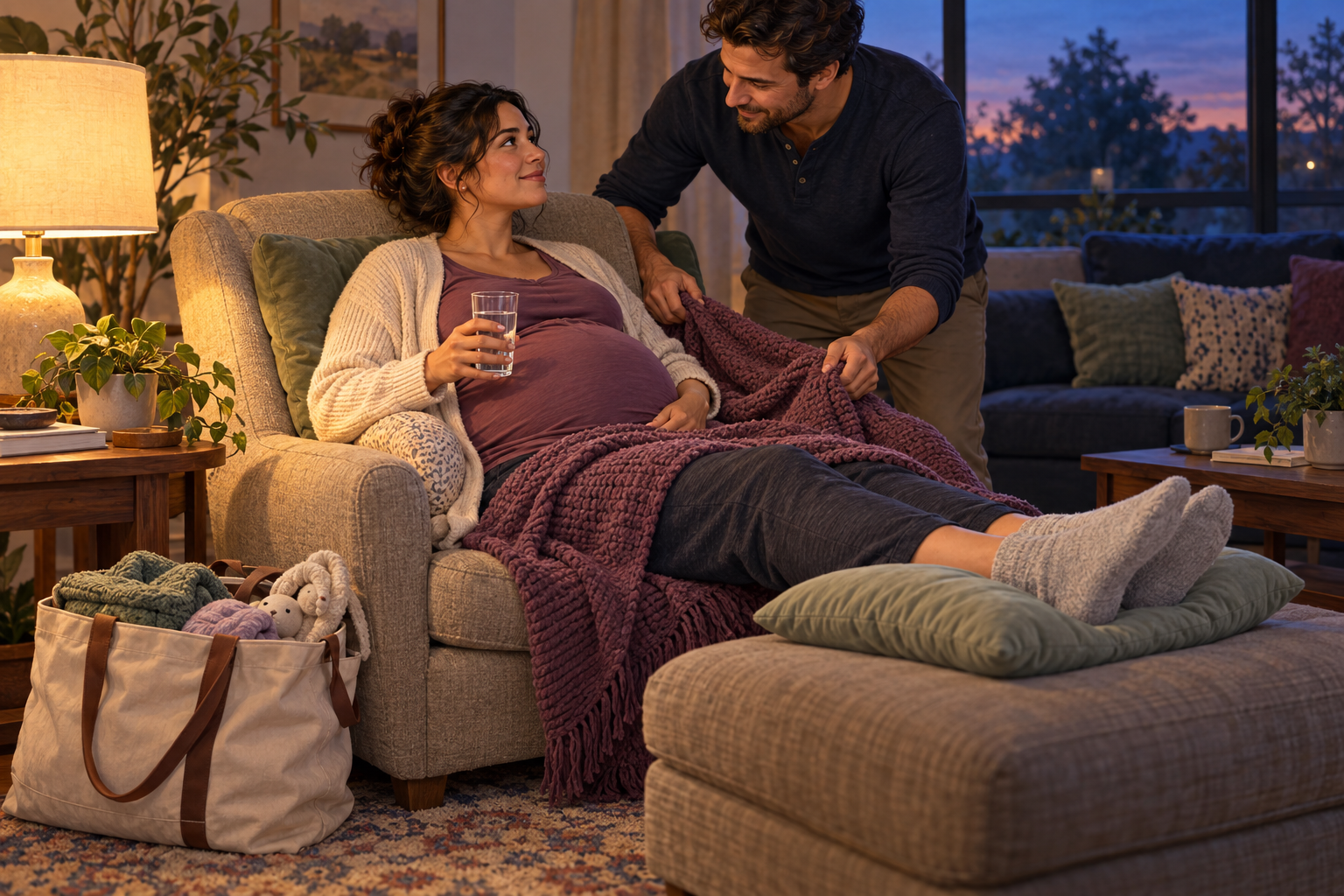 A full-term pregnant adult rests in an armchair with supportive pillows while a companion adjusts a blanket.