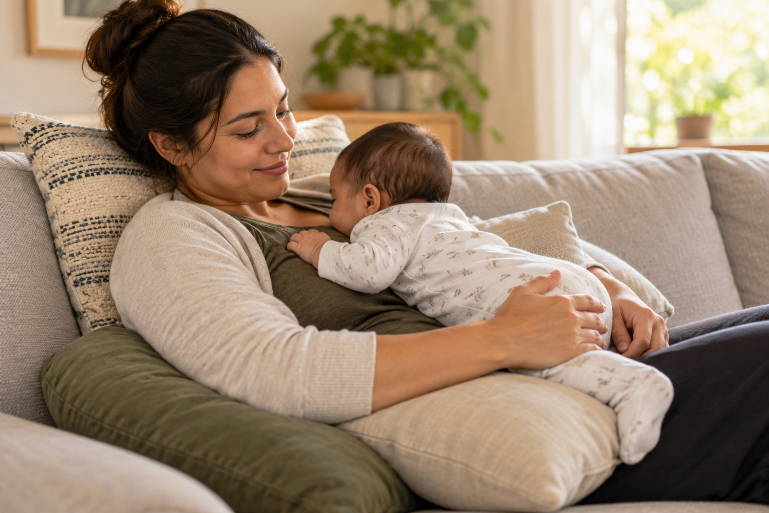A reclining parent breastfeeds an infant positioned tummy-down with the baby's head above the breast.