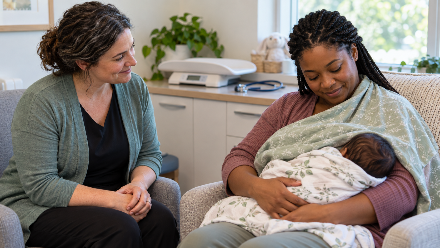 A lactation consultant observes a parent breastfeeding an infant in a bright consultation room.