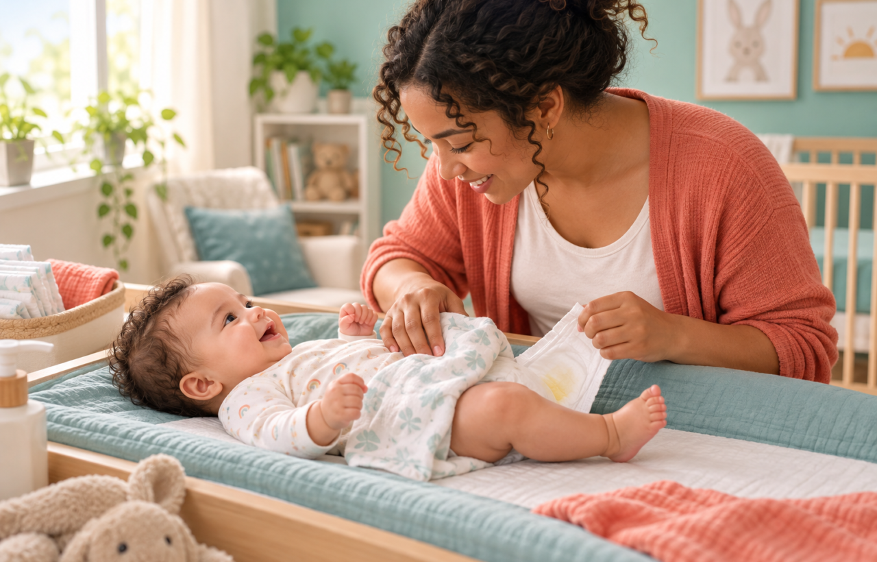 A parent checks an alert baby's skin and diaper during a change in a softly lit nursery.