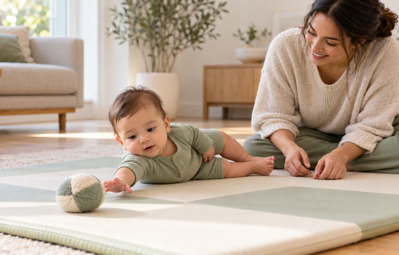 A parent watches from nearby as an awake baby reaches for a soft toy during supervised floor play on a firm mat.