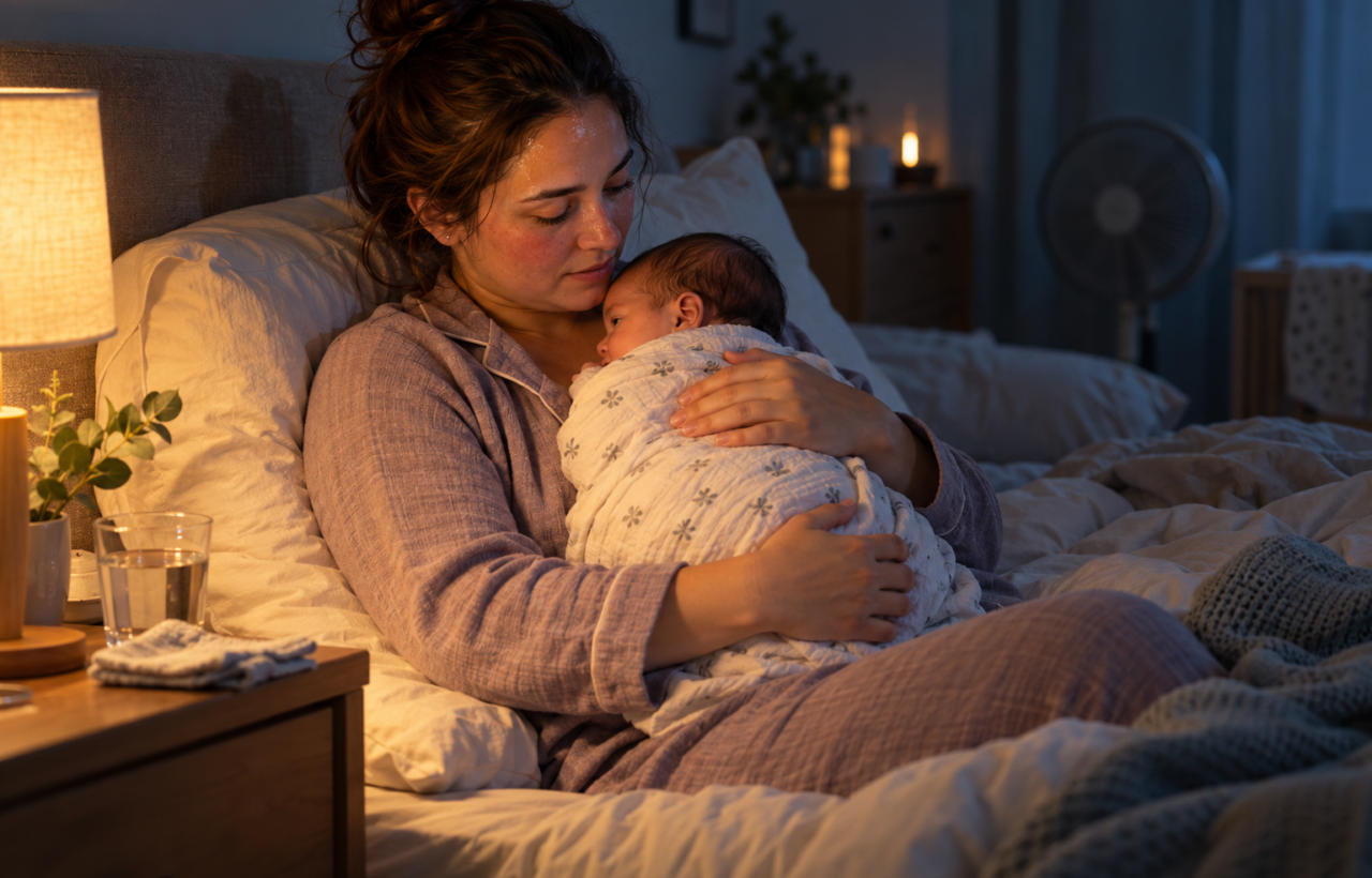 A postpartum mother breastfeeds her newborn at night with a cool washcloth and small fan nearby.