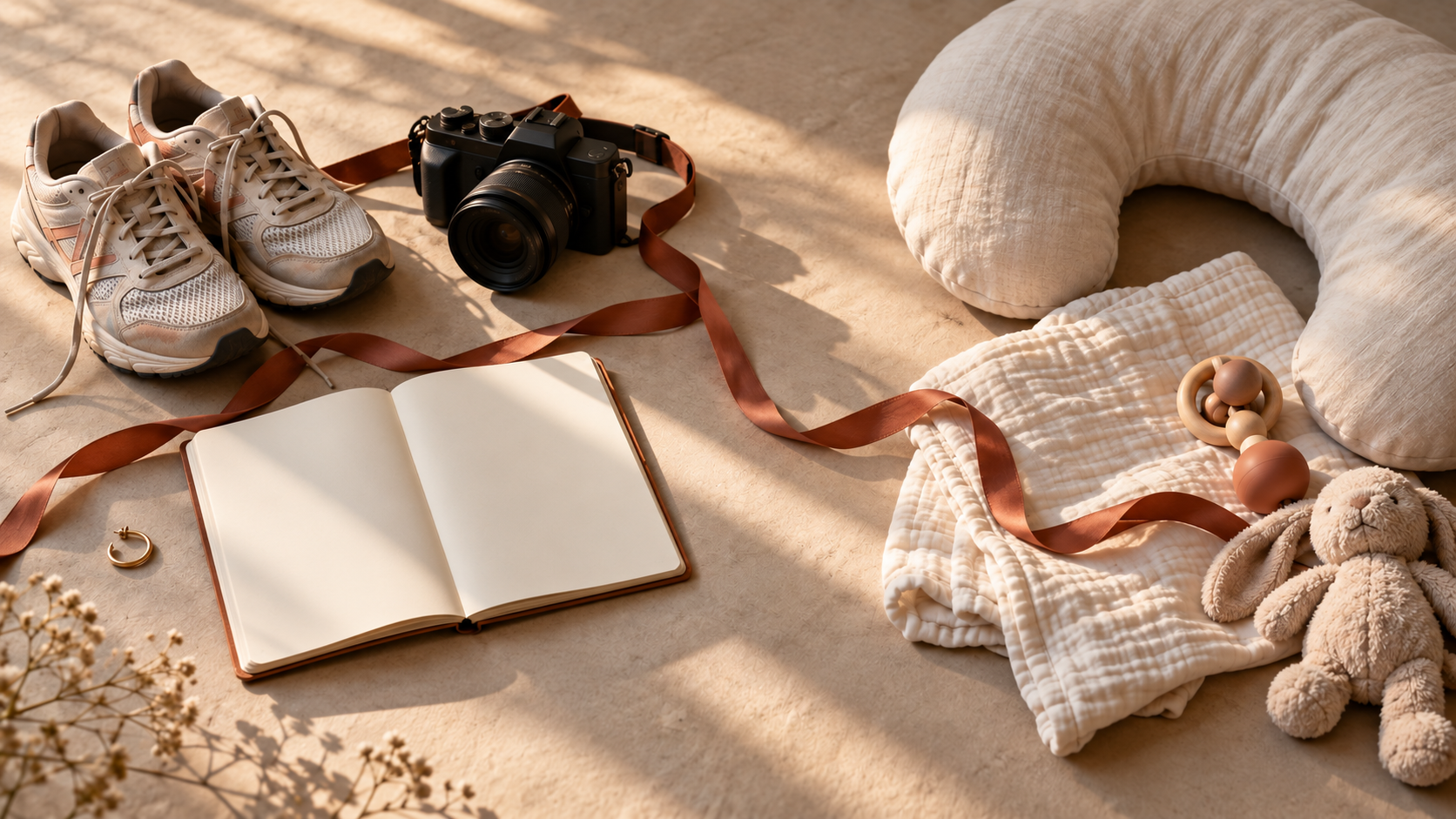 Adult belongings and baby-care items are arranged together and linked by a loose ribbon in morning light.